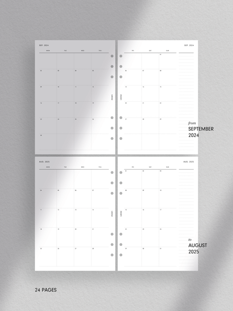 2024/2025 monthly calendar planner printables inserts digital download, PDF file, A5 size, aesthetic minimal design layout.