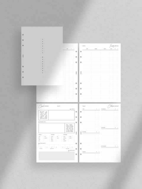 A stylish A5 printable planner cover with the title 'Capsule Wardrobe Planner' surrounded by fashion icons and illustrations, representing its contents including lifestyle insights, wardrobe organization, and inventory management.