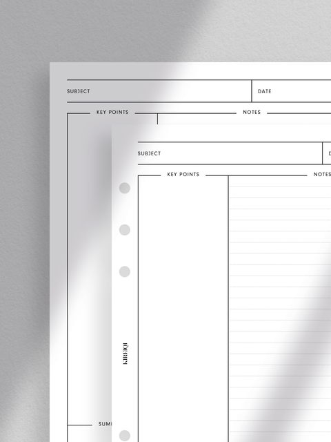 Cornell Note planner printable template: Clean, minimalist design; aesthetic, luxury layout; clutter-free; digital download; PDF files format; print at home; A5 size.