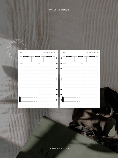Daily planner with a schedule section, top priorities, task list, meal plan, and notes area to help organize your day efficiently.