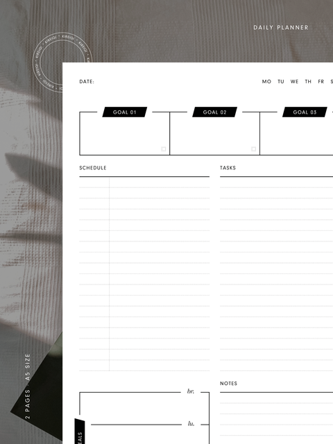 Daily planner with a schedule section, top priorities, task list, meal plan, and notes area to help organize your day efficiently.