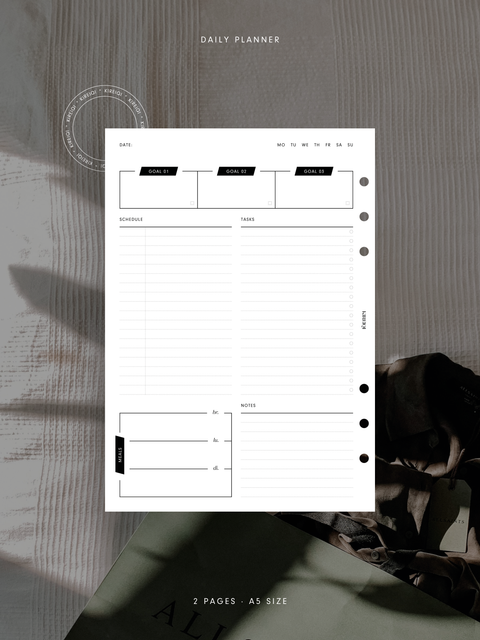 Daily planner with a schedule section, top priorities, task list, meal plan, and notes area to help organize your day efficiently.