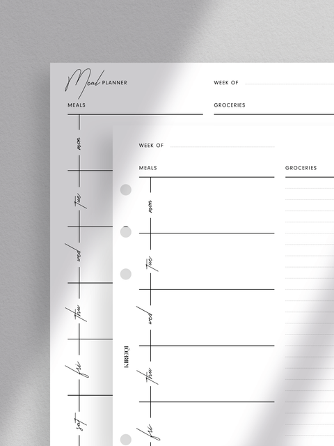 Weekly meal plan planner printable template instant digital downlaod PDF file format, clean, sleek, minimalist design layout, aesthetic. Planning and organization.