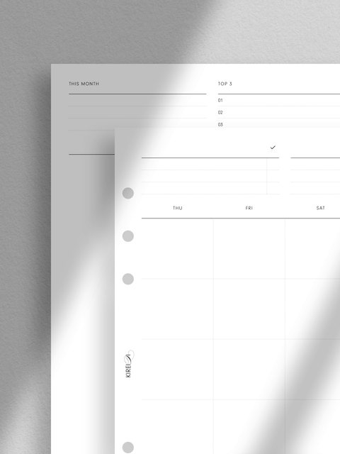 Monthly planner, undated monthly calendar, month on two pages, MO2P, aesthetic planner, minimalist clean design, A5 size, priorities and top three goals, to-do list, tasks, instant digital download, PDF file, ready to print at home.