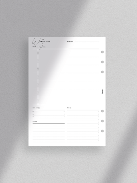 Weekly planner printable with clean minimalist aesthetic. Week on one page layout in PDF file format. Digital download. Printable planner template. Sections for weekly schedule, notes, top three goals and objectives, and tasks/to-do.
