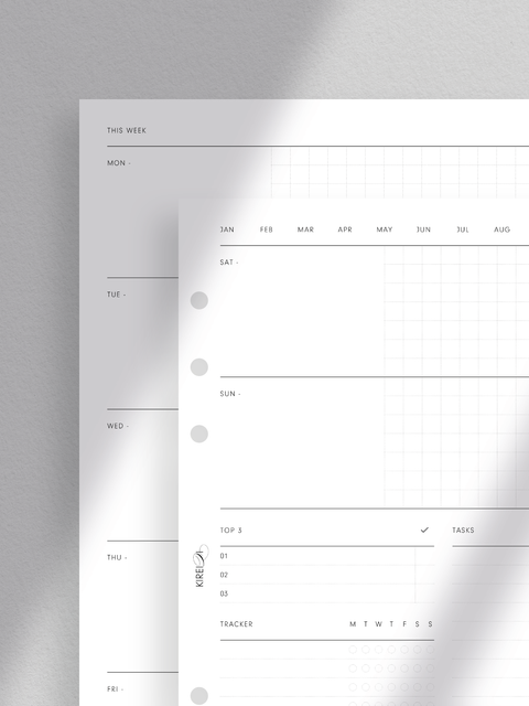 Weekly planner printable template, pdf file, instant digital download, minimalist clean design, A5 size, WO2P, week on two pages, to-do or task list, grid layout.