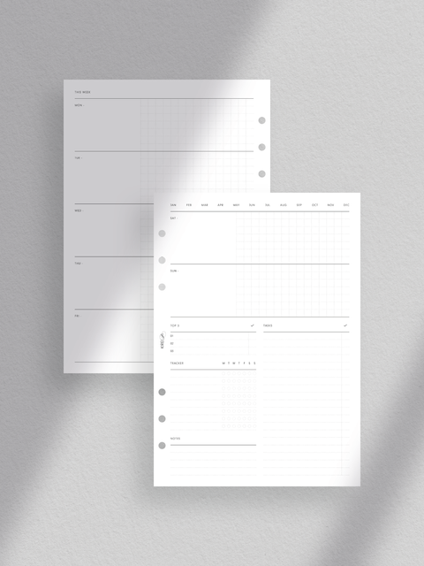 Weekly planner printable template, pdf file, instant digital download, minimalist clean design, A5 size, WO2P, week on two pages, to-do or task list, grid layout.