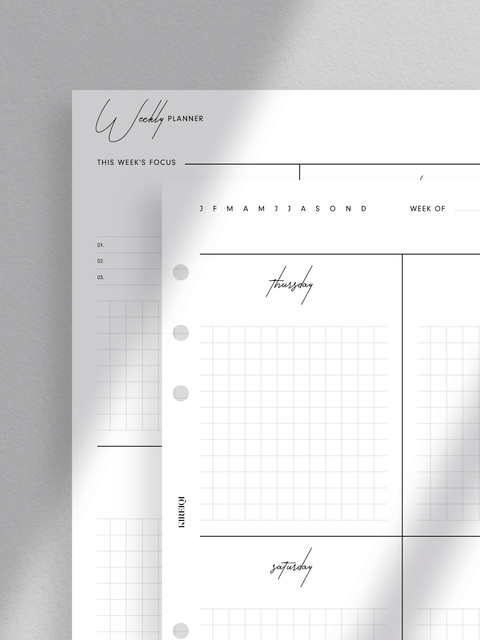 Weekly planner printable, A5 size, pdf file, digital download, vertical overview, clean minimalist design, luxury aesthetic.