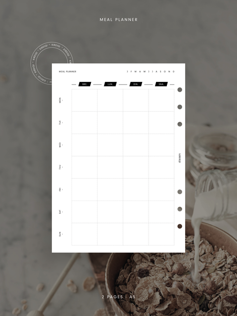 Weekly meal planner planning, planner printable, digital download, pdf file, reat to print, aesthetic minimal design layout, A5 size.