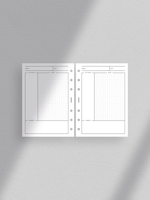 Cornell notes planner template printable, digital download, pdf file, clean, minimal aesthetic design layout, read to print, print at home.