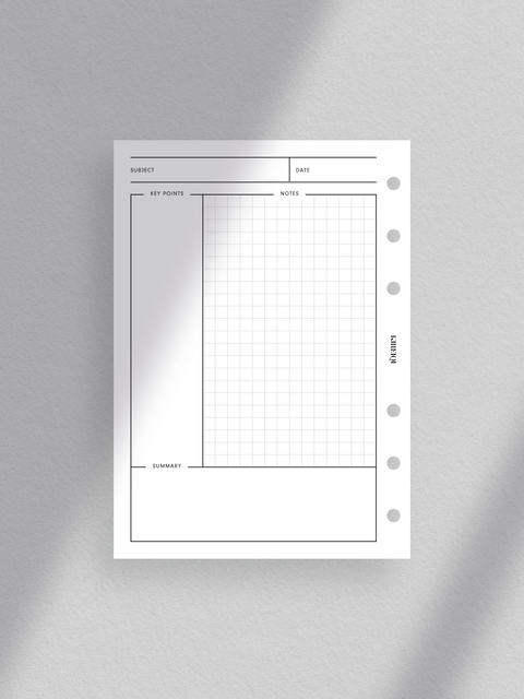 Cornell notes planner template printable, digital download, pdf file, clean, minimal aesthetic design layout, read to print, print at home.