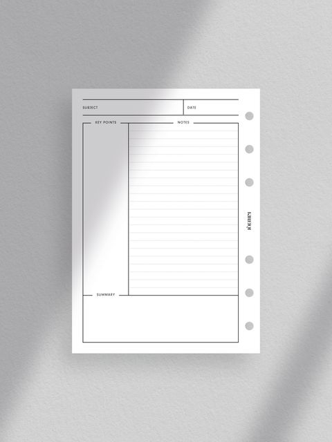 Cornell notes planner template printable, digital download, pdf file, clean, minimal aesthetic design layout, read to print, print at home.