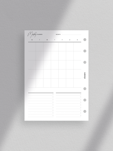 Monthly planner calendar with a vertical overview. Clean, minimalist aesthetic with a touch of luxury design. Layout A6 size planner printable template in PDF file format. Digital download for instant access. Undated calendar for flexible use.