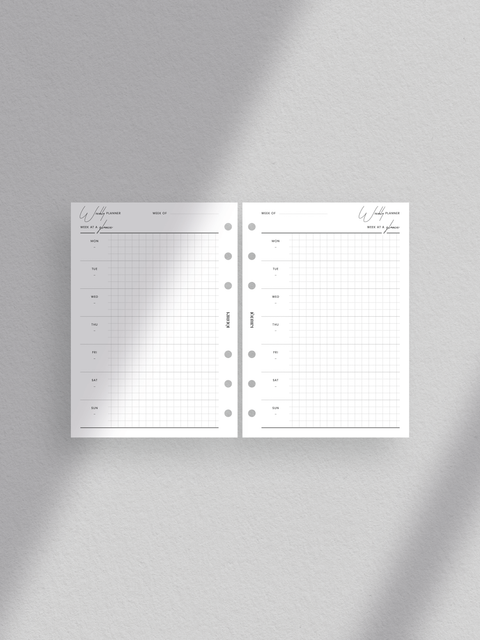 A6 size, weekly planner printable, Clean, sleek aesthetic luxe design layout, Minimalist style for modern organization, Instant digital download in PDF file format, Print at home for convenience, Week at a glance on one page.
