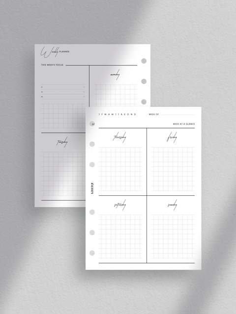 Weekly planner printable template for A6 size planners. The design is clean, minimalist, and aesthetically pleasing, featuring a week-on-two-pages layout with a dedicated section for weekly focus on objectives and goals.
