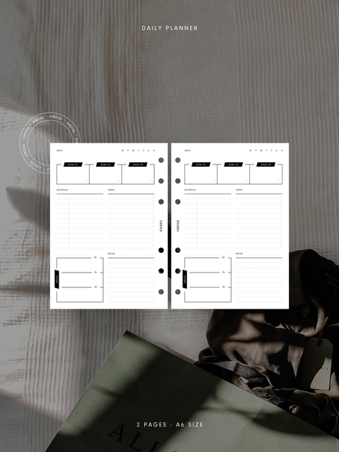 Daily planner with a schedule section, top priorities, task list, meal plan, and notes area to help organize your day efficiently.