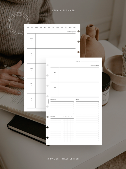 Half-letter size, weekly planner printable template. Digital download. PDF file. Elevate your organization with our comprehensive weekly planner featuring a week-at-a-glance section, priorities, tasks, tracker, and week-on-two-pages layout. Stay on top of your schedule effortlessly with this sleek, minimalist design. Instant digital download available for convenient printing at home. Perfect for maximizing productivity and achieving your goals.