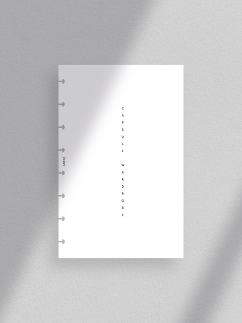 A stylish half-letter size printable planner cover with the title 'Capsule Wardrobe Planner' surrounded by fashion icons and illustrations, representing its contents including lifestyle insights, wardrobe organization, and inventory management.