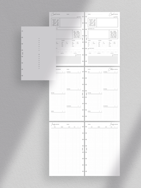 A stylish half-letter size printable planner cover with the title 'Capsule Wardrobe Planner' surrounded by fashion icons and illustrations, representing its contents including lifestyle insights, wardrobe organization, and inventory management.