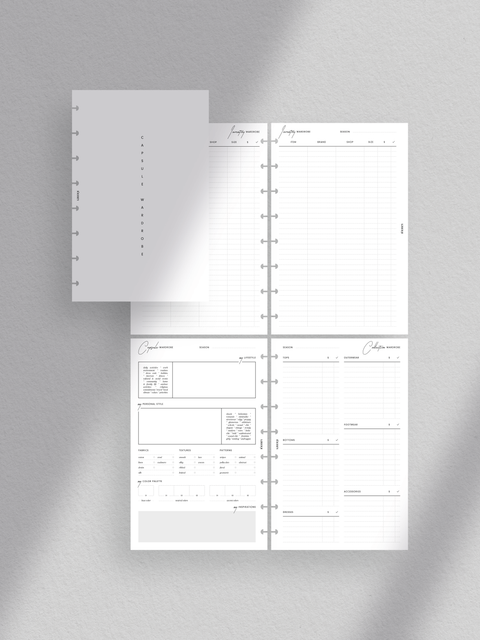 A stylish half-letter size printable planner cover with the title 'Capsule Wardrobe Planner' surrounded by fashion icons and illustrations, representing its contents including lifestyle insights, wardrobe organization, and inventory management.