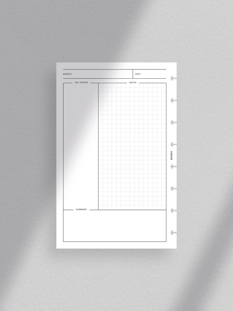 Cornell Note planner printable template: Clean, minimalist design; aesthetic, luxury layout; clutter-free; digital download; PDF files format; print at home; Half-letter size.
