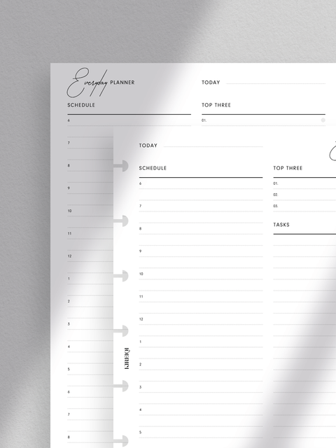 A minimalist daily planner printable. Clean and simple layout, designed for efficiency and productivity. Available in PDF format for digital download, half-letter size.