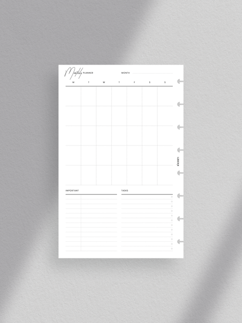 Monthly planner calendar with a vertical overview. Clean, minimalist aesthetic with a touch of luxury design. Layout Half-letter size planner printable template in PDF file format. Digital download for instant access. Undated calendar for flexible use.