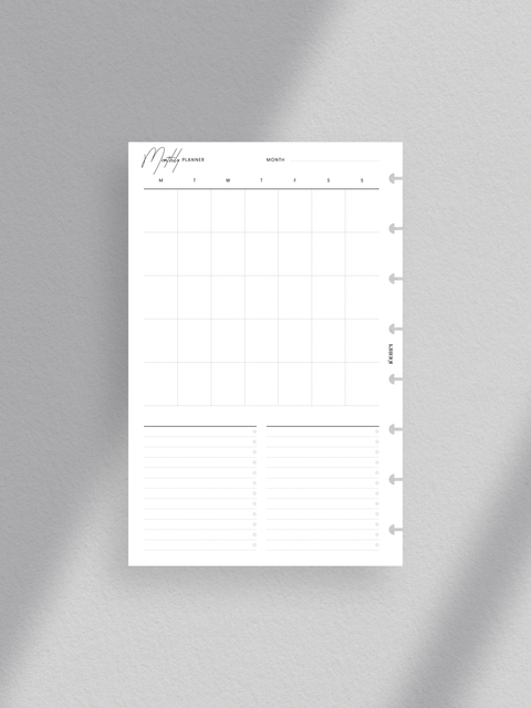 Monthly planner printable with clean minimalist aesthetic Undated calendar available for digital download in PDF format half-size size layout with luxurious design Two sections for to-do/tasks Available in 5 or 6 rows depending on month's duration