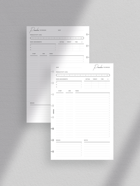 Pomodoro technique, printable template, digital download, clean minimal aesthetic design layout, productivity tools.
