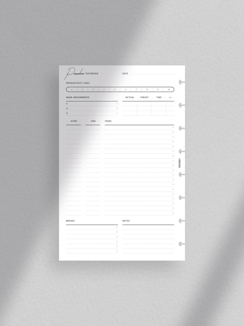 Pomodoro technique, printable template, digital download, clean minimal aesthetic design layout, productivity tools.