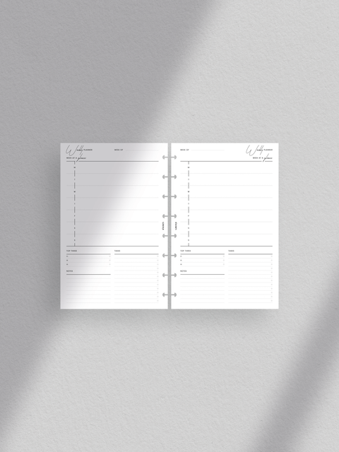 Weekly planner printable template, digital download, pdf file, half-letter size, digital download, clean minimal aesthetic luxury design layout.