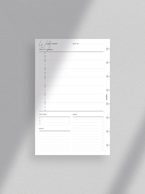Weekly planner printable template, digital download, pdf file, half-letter size, digital download, clean minimal aesthetic luxury design layout.