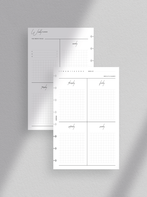 Weekly planner printable, half-letter size, pdf file, digital download, vertical overview, clean minimalist design, luxury aesthetic.