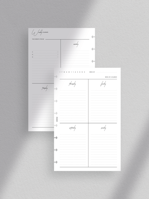 Weekly planner, half-letter size, planner printable template for organization and planning, minimalist clean design, luxe, elegant, luxury aesthetic, vertical overview, PDF file, ready to print at home, digital download.