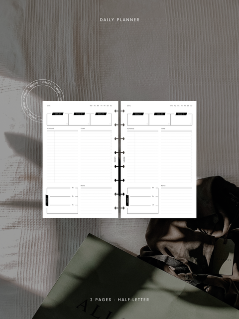 Half-Letter size, daily planner with a schedule section, top priorities, task list, meal plan, and notes area to help organize your day efficiently. PDF file, digital download.