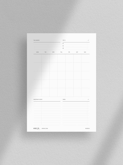 Monthly Planner Calendar Undated Printable Digital Download, Minimalist clean design layout, PDF file.