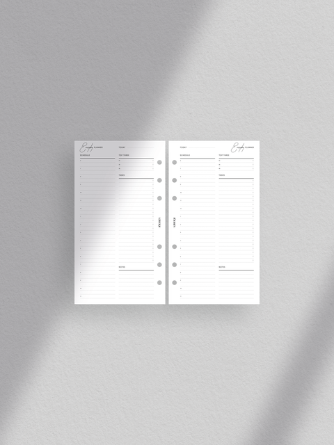 Elegant daily planner printable template with minimalist design, featuring hourly schedule, tasks/to-do section, notes section, and top three goals/priorities section. Ideal for organized scheduling and productivity. Digital download in PDF format for printing at home.