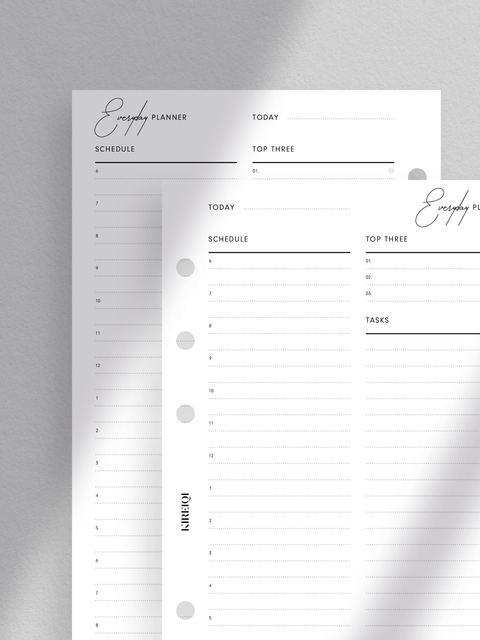 Elegant daily planner printable template with minimalist design, featuring hourly schedule, tasks/to-do section, notes section, and top three goals/priorities section. Ideal for organized scheduling and productivity. Digital download in PDF format for printing at home.