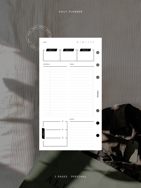 Personal size, daily planner, meal planning minimalist aesthetic daily planner. PDF file, digital download.