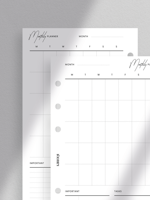 Monthly planner calendar with a vertical overview. Clean, minimalist aesthetic with a touch of luxury design. Layout Personal size planner printable template in PDF file format. Digital download for instant access. Undated calendar for flexible use.