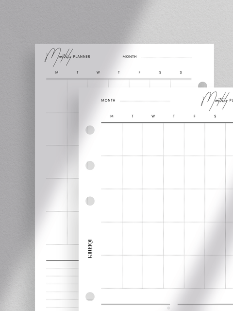 Monthly planner calendar with a vertical overview. Clean, minimalist aesthetic with a touch of luxury design. Layout Personal size planner printable template in PDF file format. Digital download for instant access. Undated calendar for flexible use.