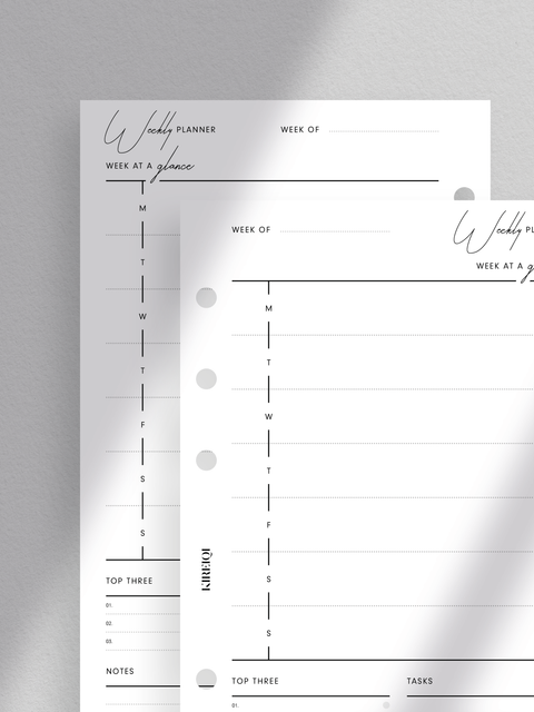 Personal size, Weekly planner printable with clean minimalist aesthetic. Week on one page layout in PDF file format. Digital download. Printable planner template. Sections for weekly schedule, notes, top three goals and objectives, and tasks/to-do.