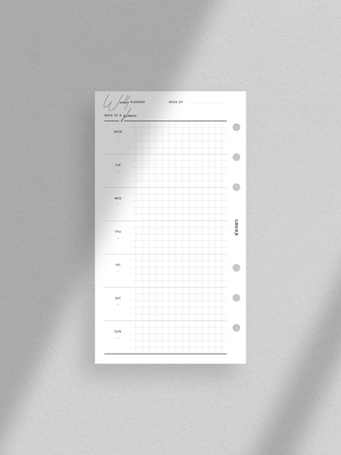 Personal size, weekly planner printable, Clean, sleek aesthetic luxe design layout, Minimalist style for modern organization, Instant digital download in PDF file format, Print at home for convenience, Week at a glance on one page.