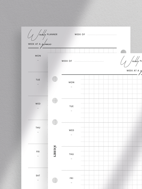 Personal size, weekly planner printable, Clean, sleek aesthetic luxe design layout, Minimalist style for modern organization, Instant digital download in PDF file format, Print at home for convenience, Week at a glance on one page.