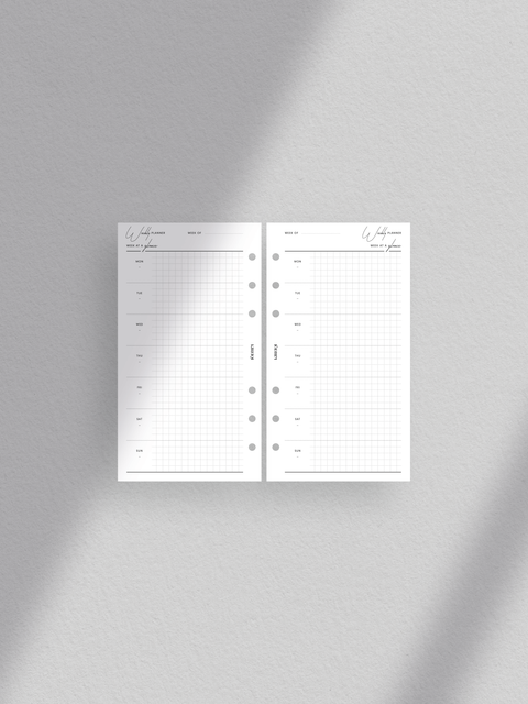 Personal size, weekly planner printable, Clean, sleek aesthetic luxe design layout, Minimalist style for modern organization, Instant digital download in PDF file format, Print at home for convenience, Week at a glance on one page.