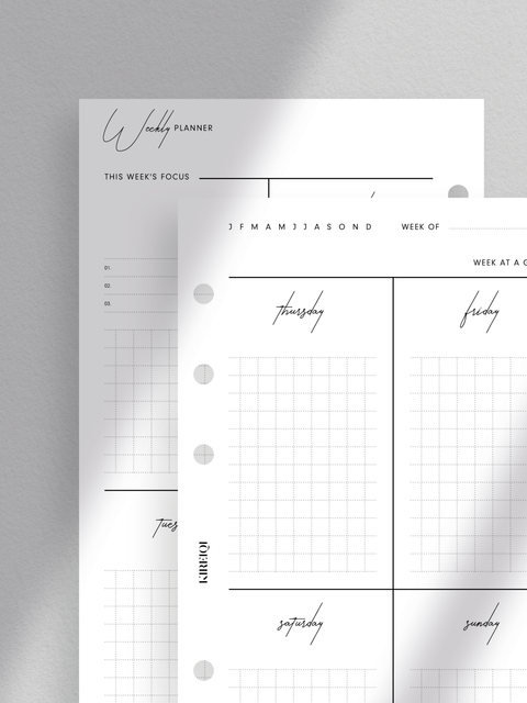 Weekly planner printable template for personal size planners. The design is clean, minimalist, and aesthetically pleasing, featuring a week-on-two-pages layout with a dedicated section for weekly focus on objectives and goals.