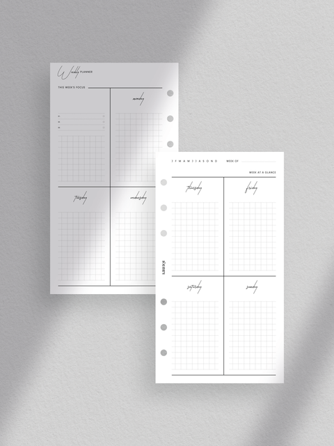 Weekly planner printable template for personal size planners. The design is clean, minimalist, and aesthetically pleasing, featuring a week-on-two-pages layout with a dedicated section for weekly focus on objectives and goals.