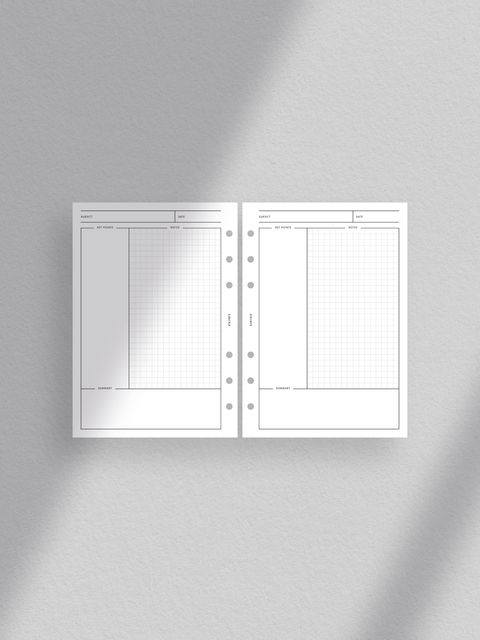 Cornell Note planner printable template: Clean, minimalist design; aesthetic, luxury layout; clutter-free; digital download; PDF files format; print at home; Personal Wide size.