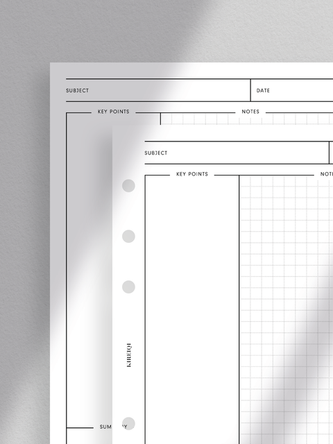 Cornell Note planner printable template: Clean, minimalist design; aesthetic, luxury layout; clutter-free; digital download; PDF files format; print at home; Personal Wide size.