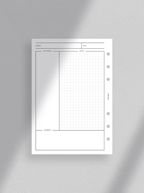 Cornell Note planner printable template: Clean, minimalist design; aesthetic, luxury layout; clutter-free; digital download; PDF files format; print at home; Personal Wide size.